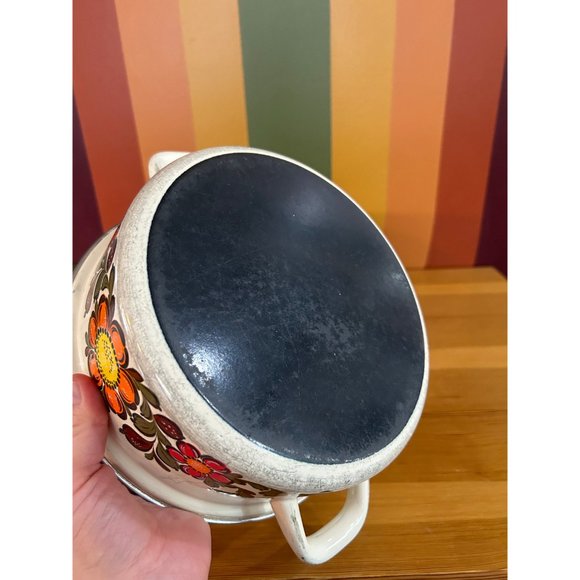 70s flower power enamel pot with handles set of 3 lidded brown - Picture 8 of 10